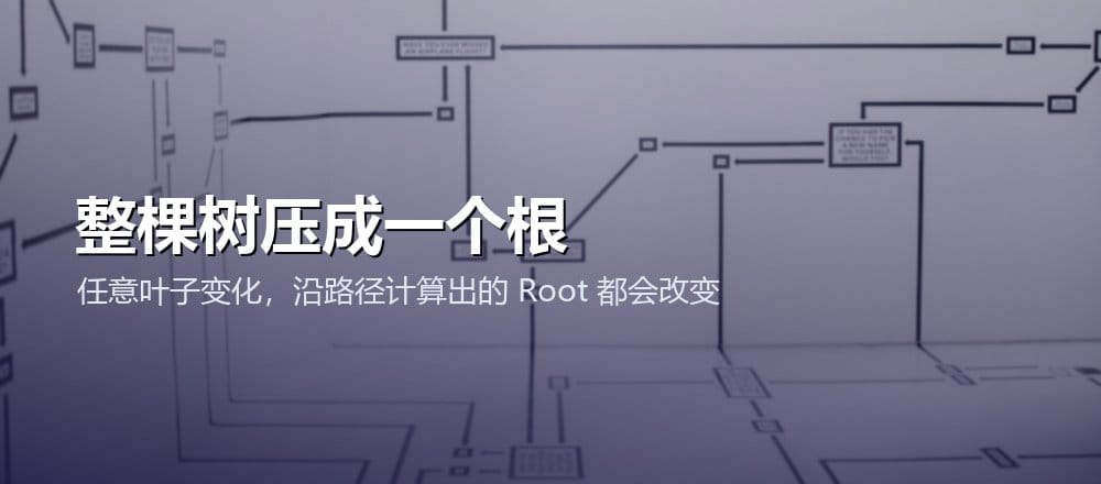 Merkle Tree 将大量叶子逐层哈希,最终压缩成一个固定长度的根
