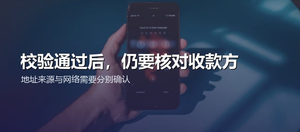 手持手机查看屏幕，配文校验通过后仍要核对收款方