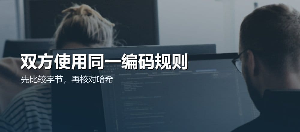 开发人员共同查看电脑代码的配图,说明前后端应核对编码测试向量