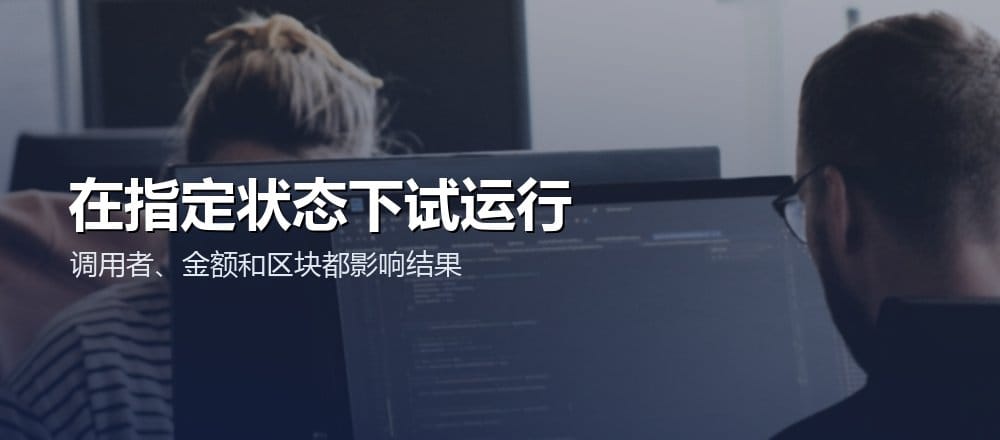 两位开发人员在电脑前检查代码，配文在指定状态下试运行